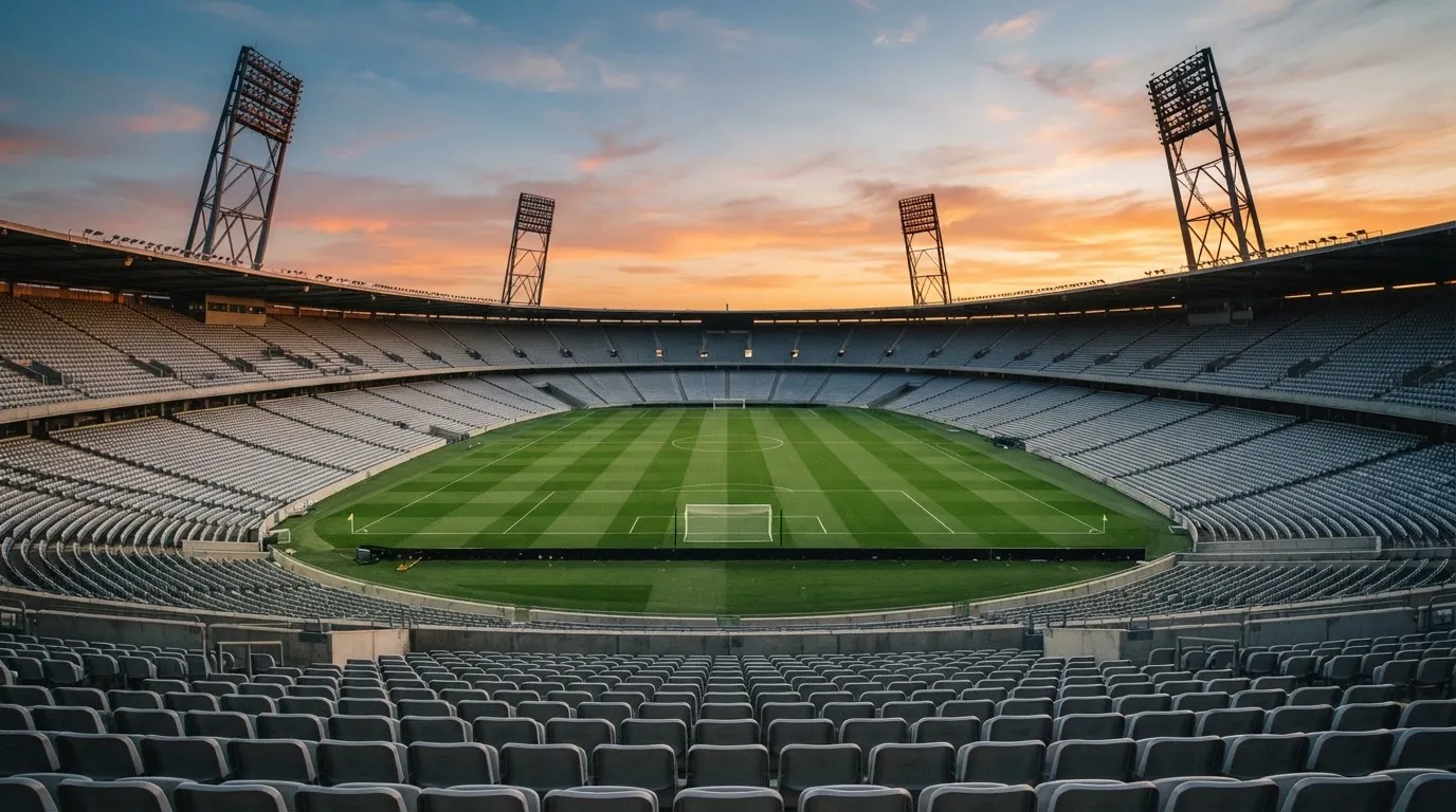 Un estadio de fútbol vacío con torres de iluminación al atardecer