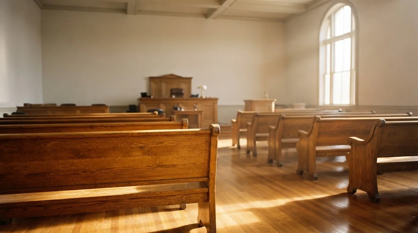 Una sala de tribunal vacía con bancos de madera a la luz de la mañana