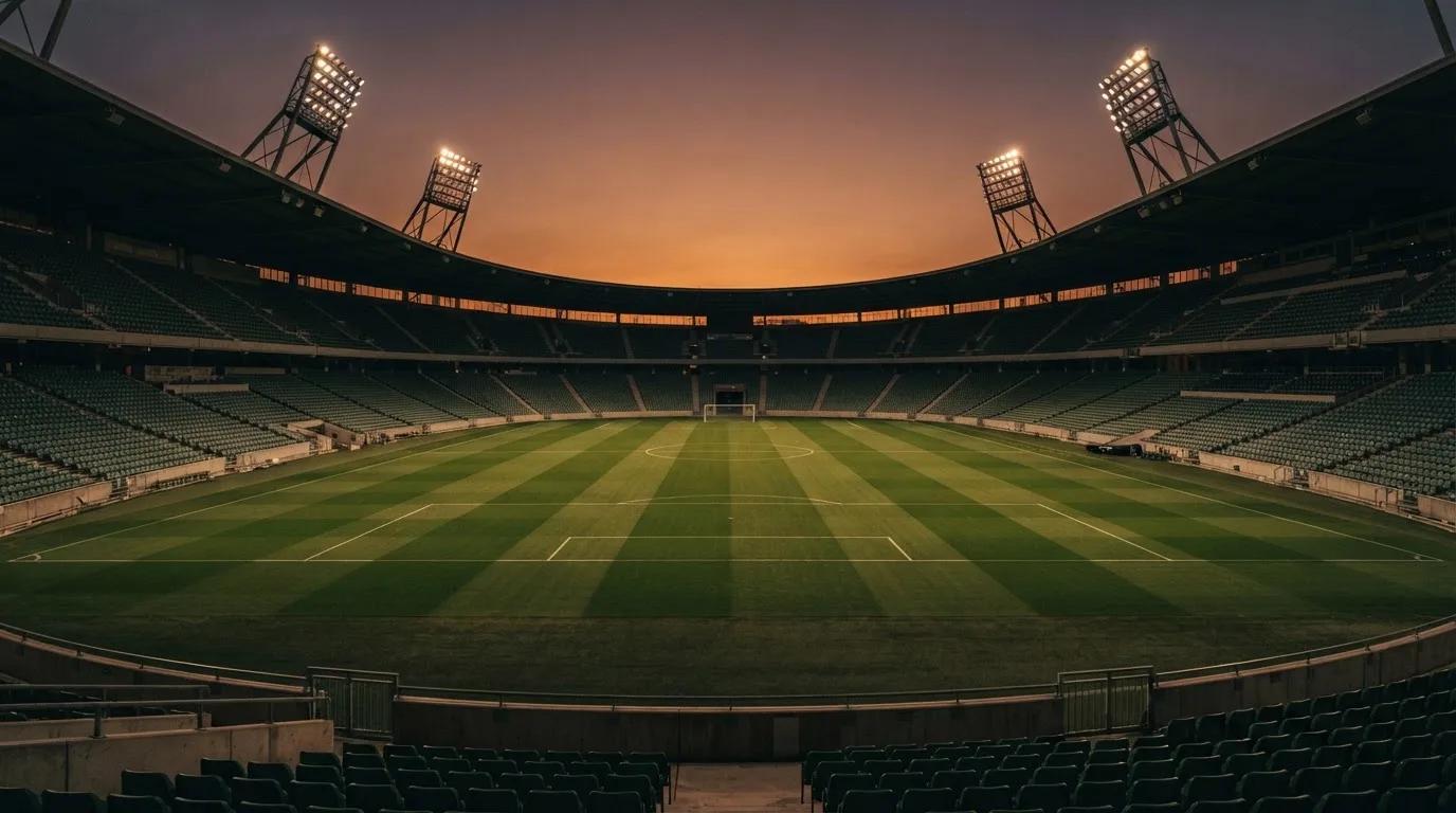 Un estadio de fútbol vacío con torres de iluminación al atardecer