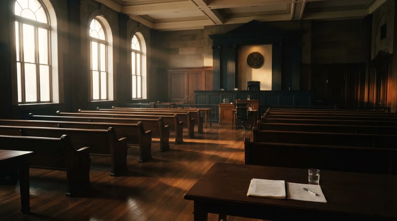 Una sala de tribunal vacía con bancos de madera a la luz de la mañana