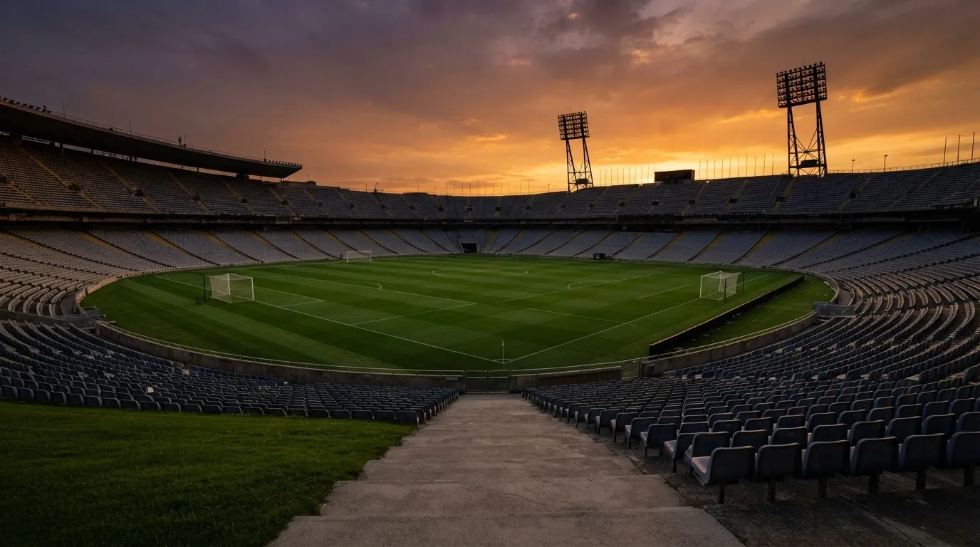 Un estadio de fútbol vacío con torres de iluminación al atardecer