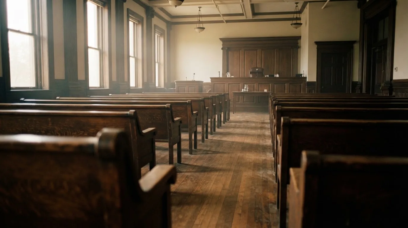 Una sala de tribunal vacía con bancos de madera a la luz de la mañana