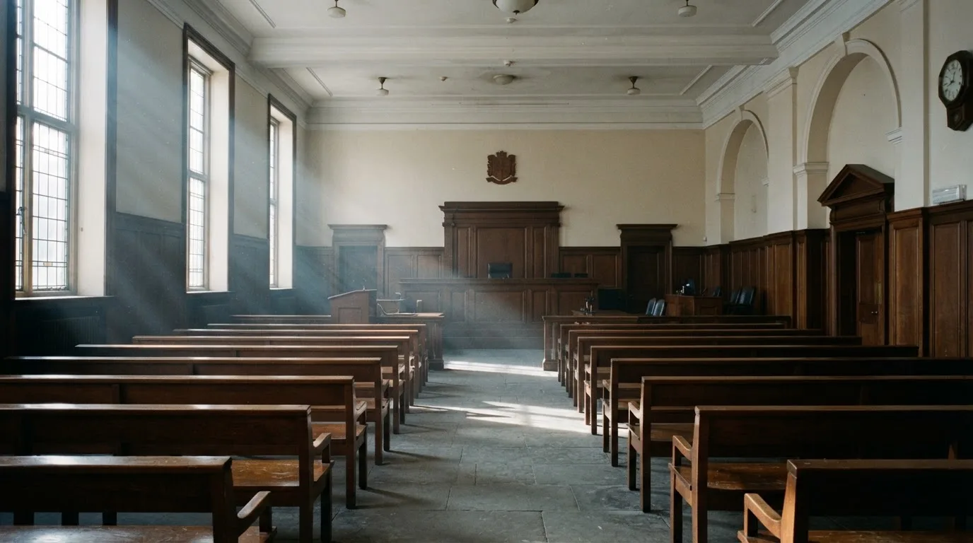 Una sala de tribunal vacía con bancos de madera a la luz de la mañana