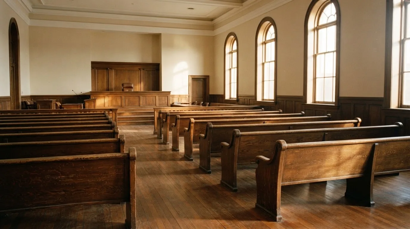 Una sala de tribunal vacía con bancos de madera a la luz de la mañana