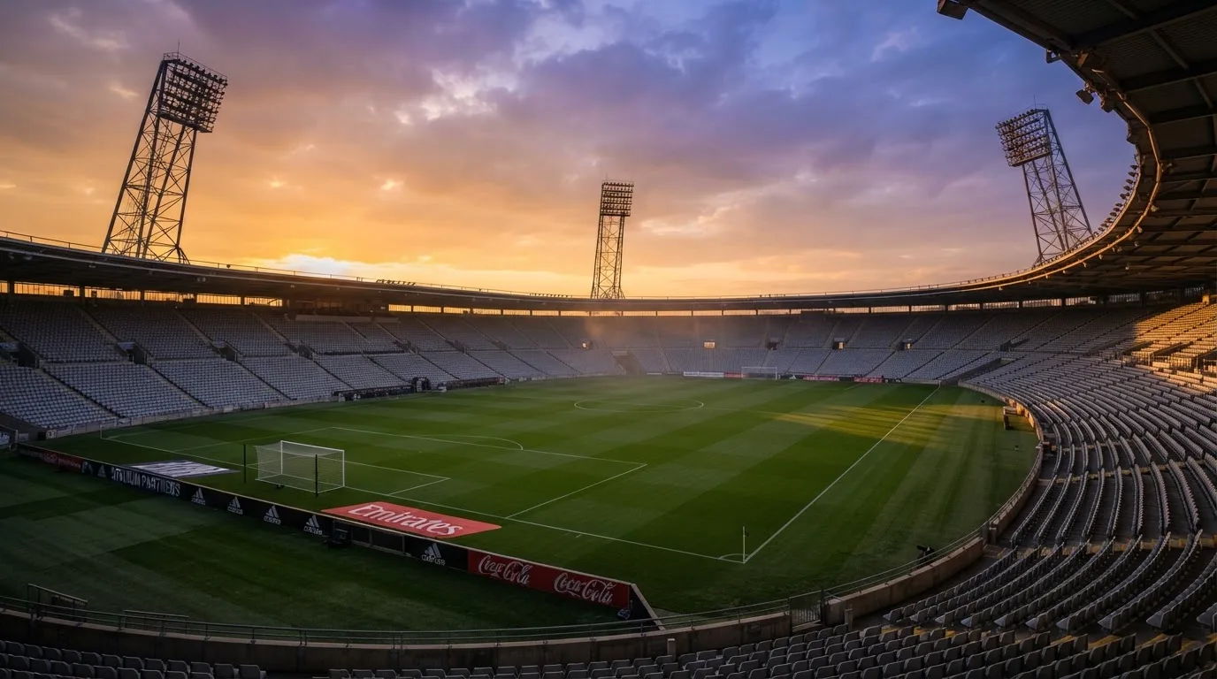Un estadio de fútbol vacío con torres de iluminación al atardecer