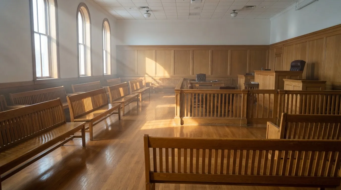 Una sala de tribunal vacía con bancos de madera a la luz de la mañana