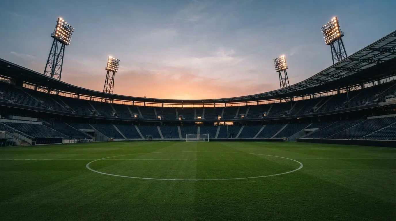 Un estadio de fútbol vacío con torres de iluminación al atardecer