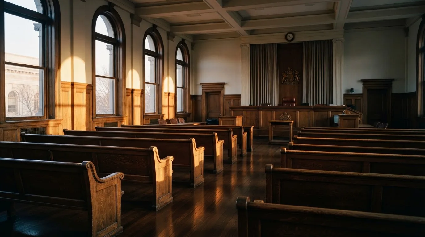 Una sala de tribunal vacía con bancos de madera a la luz de la mañana