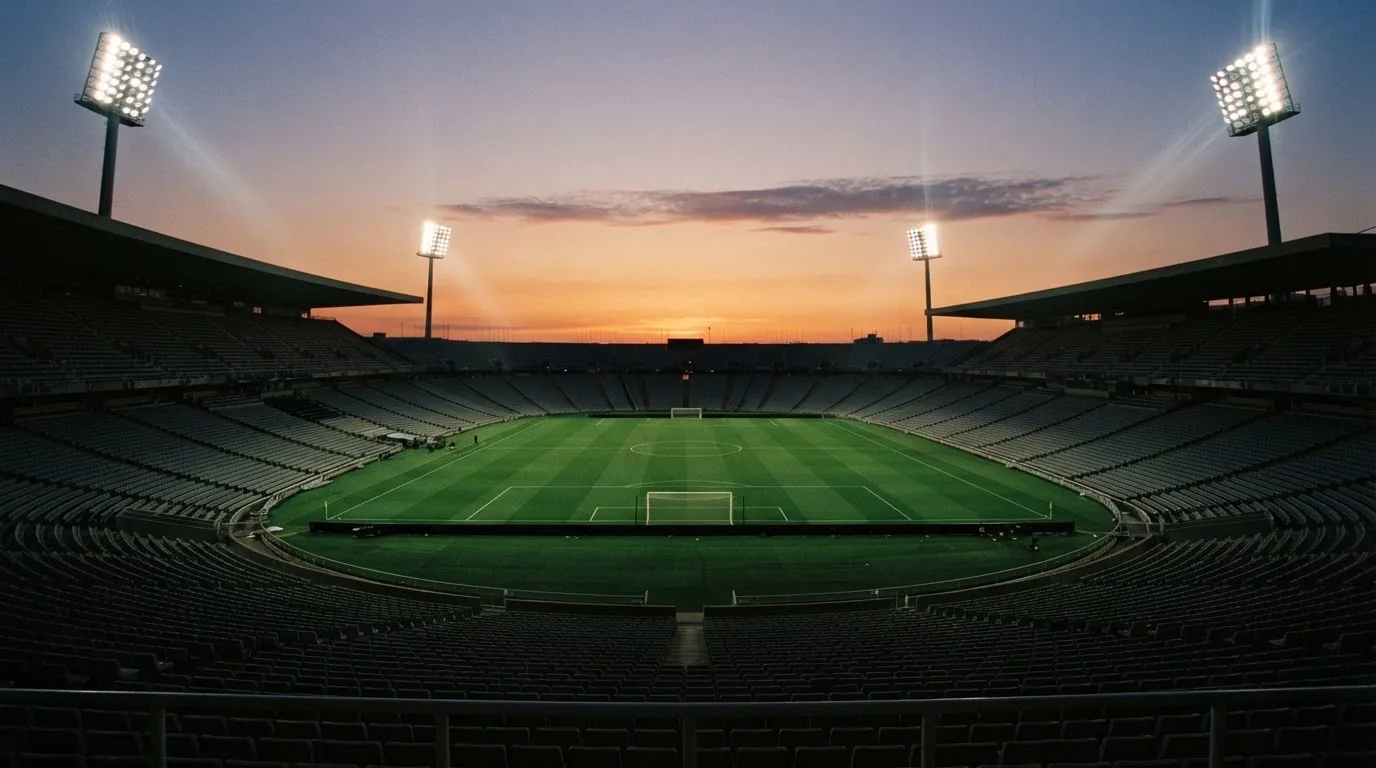Un estadio de fútbol vacío con torres de iluminación al atardecer