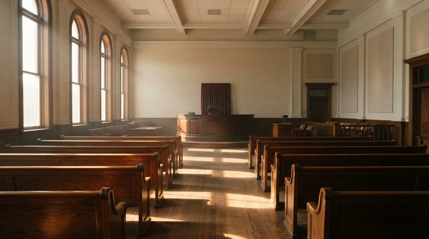 Una sala de tribunal vacía con bancos de madera a la luz de la mañana