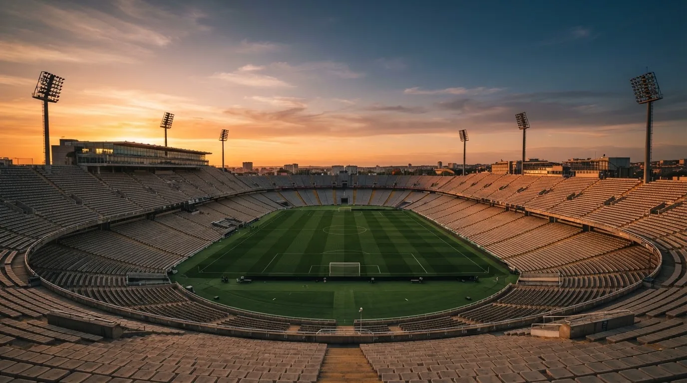 Un estadio de fútbol vacío con torres de iluminación al atardecer