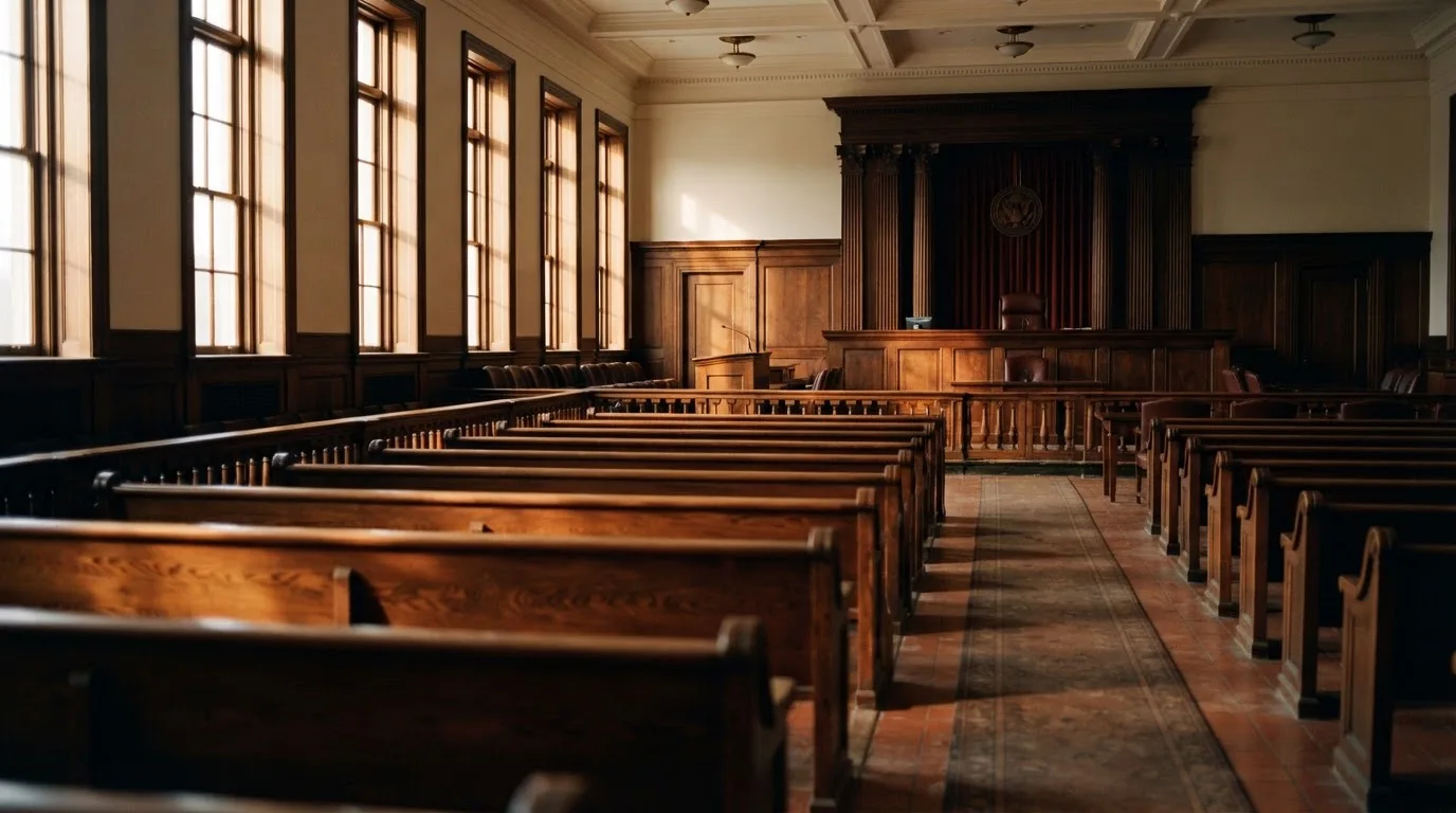 Una sala de tribunal vacía con bancos de madera a la luz de la mañana