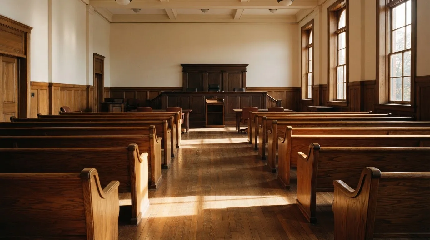 Una sala de tribunal vacía con bancos de madera a la luz de la mañana