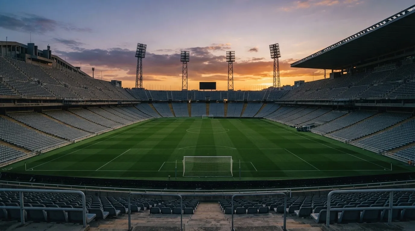 Un estadio de fútbol vacío con torres de iluminación al atardecer