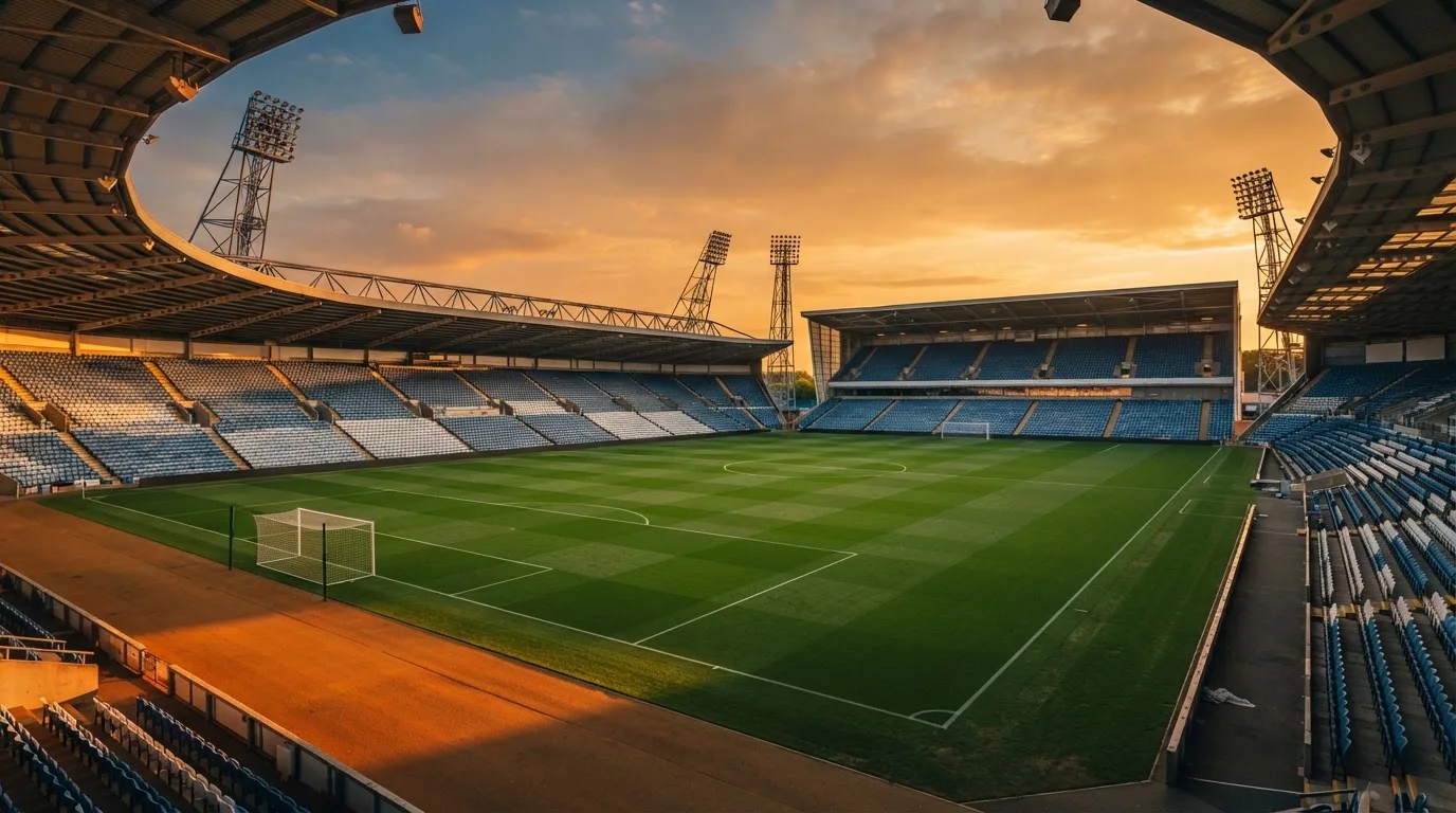 Un estadio de fútbol vacío con torres de iluminación al atardecer