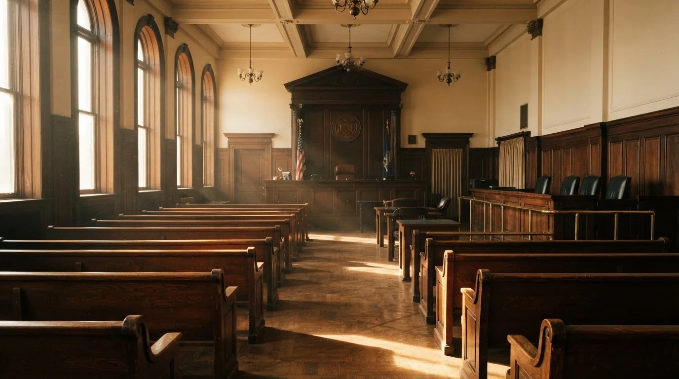 Una sala de tribunal vacía con bancos de madera a la luz de la mañana