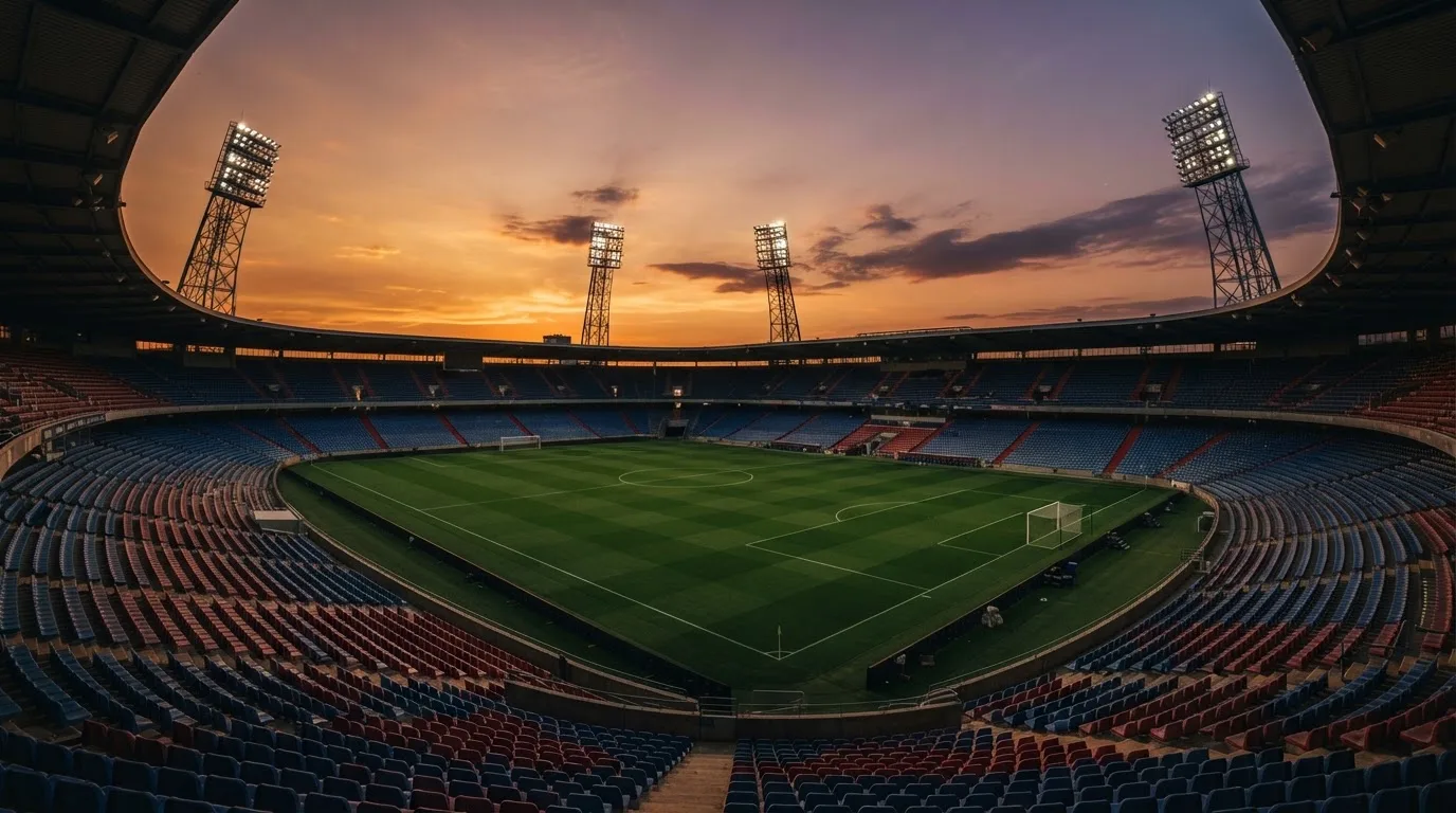 Un estadio de fútbol vacío con torres de iluminación al atardecer