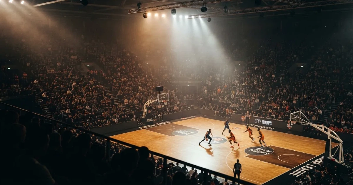 Un pabellón deportivo lleno bajo los focos, fotografiado desde muy lejos