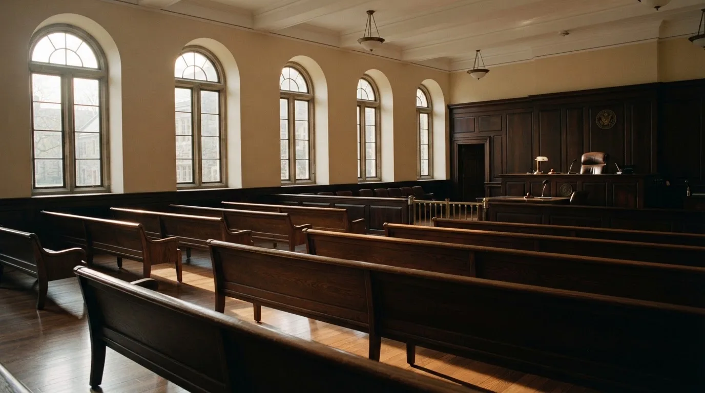 Una sala de tribunal vacía con bancos de madera a la luz de la mañana