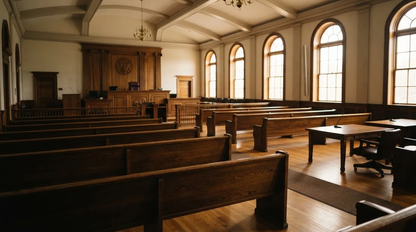 Una sala de tribunal vacía con bancos de madera a la luz de la mañana