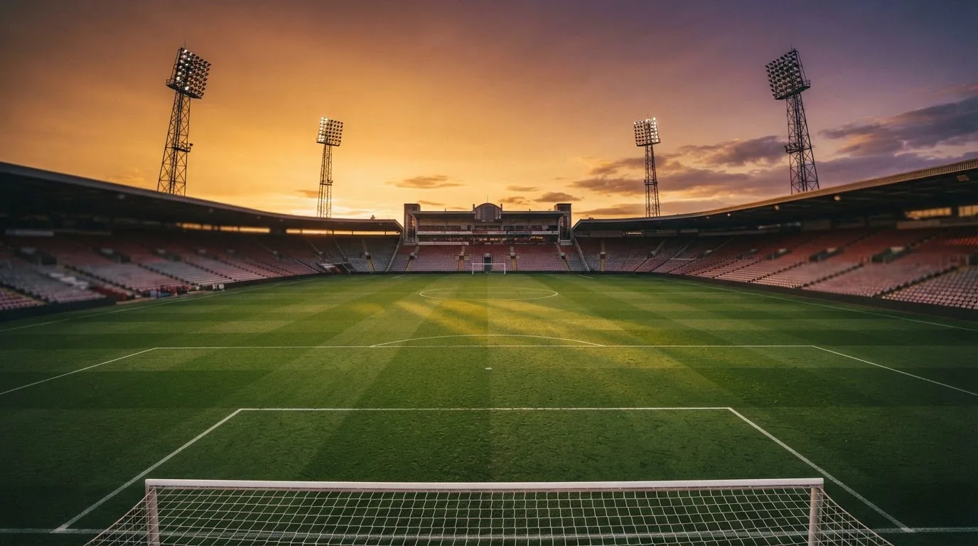 Un estadio de fútbol vacío con torres de iluminación al atardecer