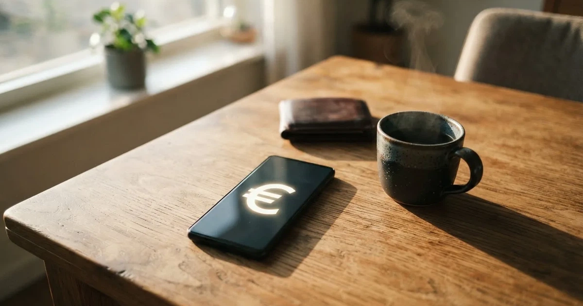 Un móvil sobre una mesa de madera junto a una cartera y una taza de café