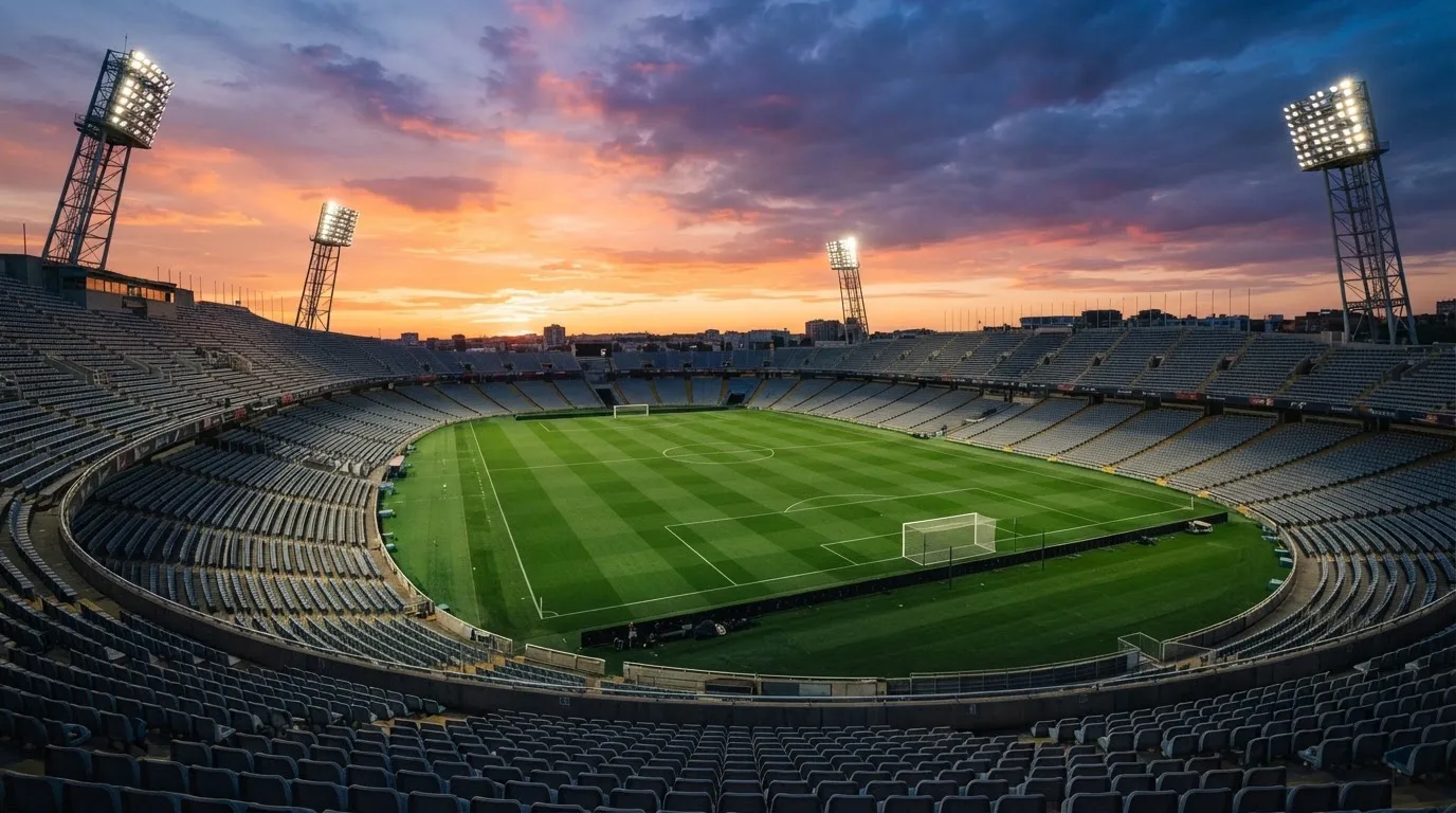 Un estadio de fútbol vacío con torres de iluminación al atardecer