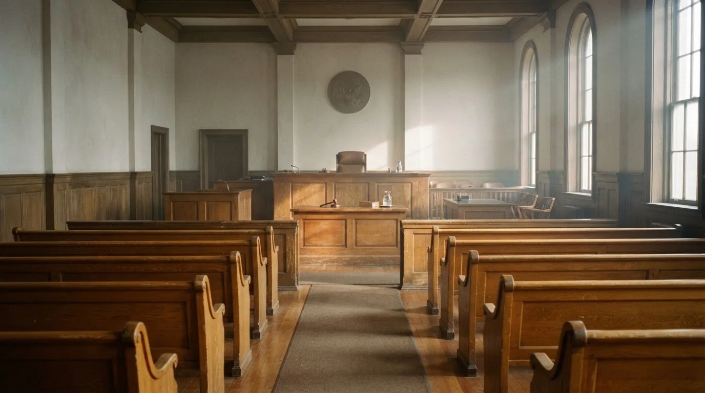 Una sala de tribunal vacía con bancos de madera a la luz de la mañana