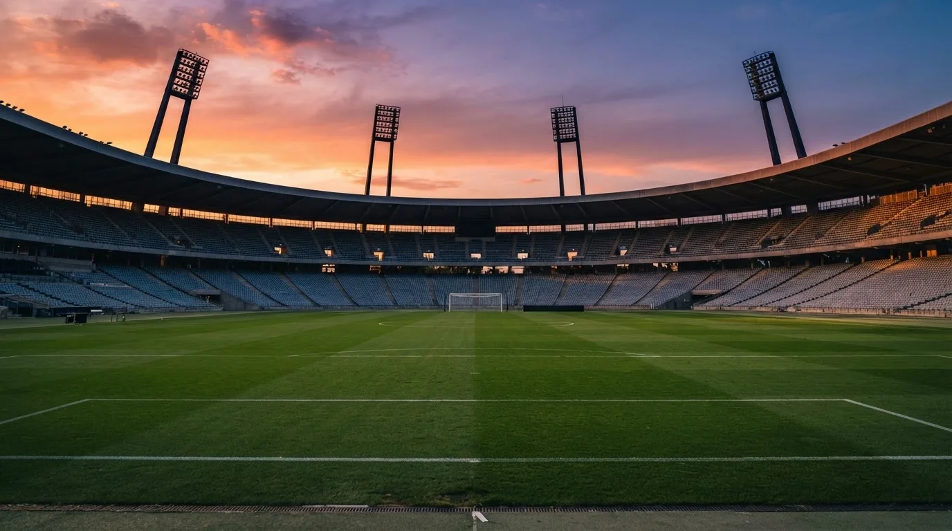 Un estadio de fútbol vacío con torres de iluminación al atardecer