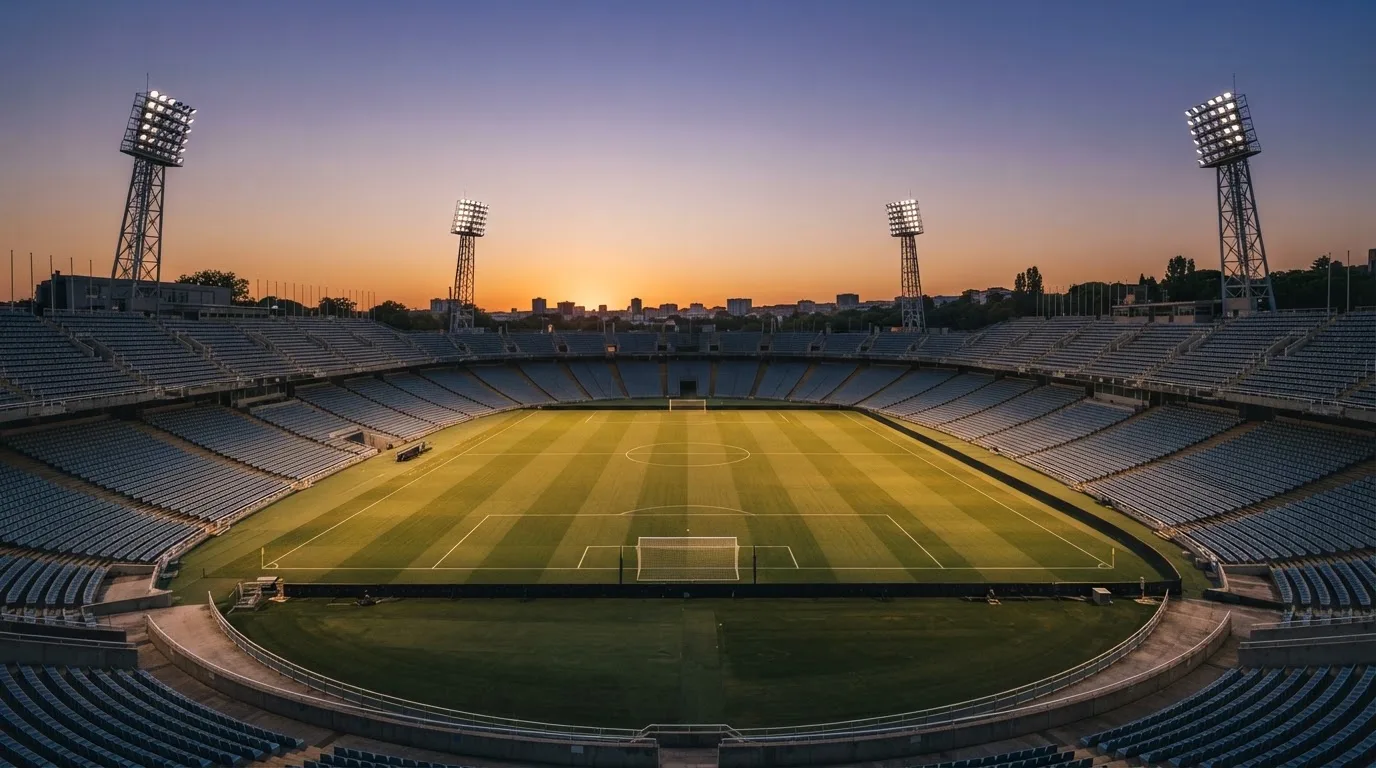 Un estadio de fútbol vacío con torres de iluminación al atardecer