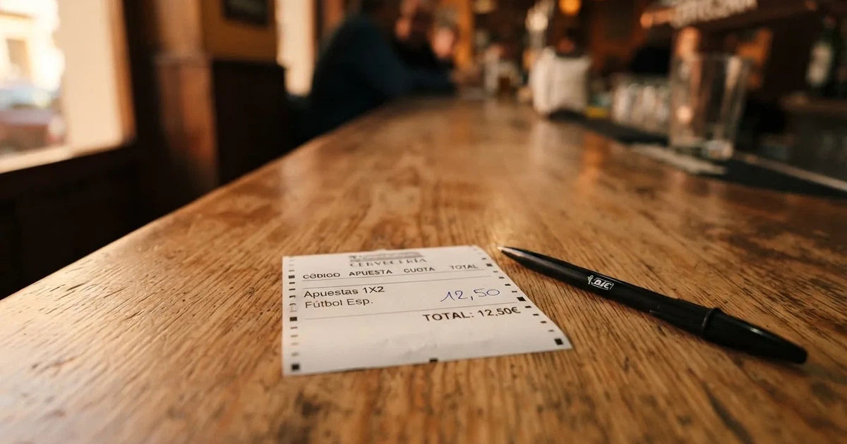 Un boleto de papel en blanco junto a un bolígrafo sobre un mostrador de madera