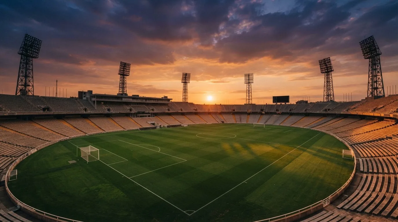 Un estadio de fútbol vacío con torres de iluminación al atardecer