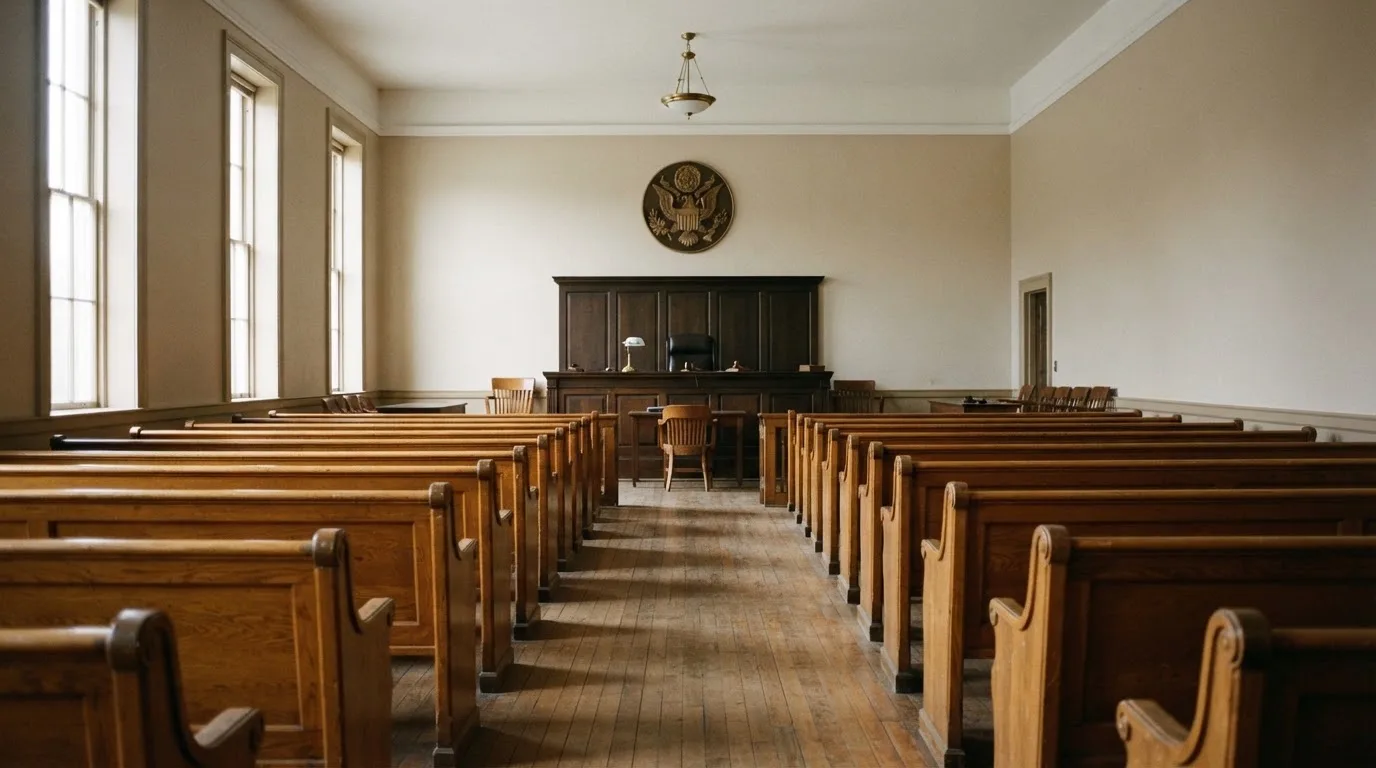 Una sala de tribunal vacía con bancos de madera a la luz de la mañana