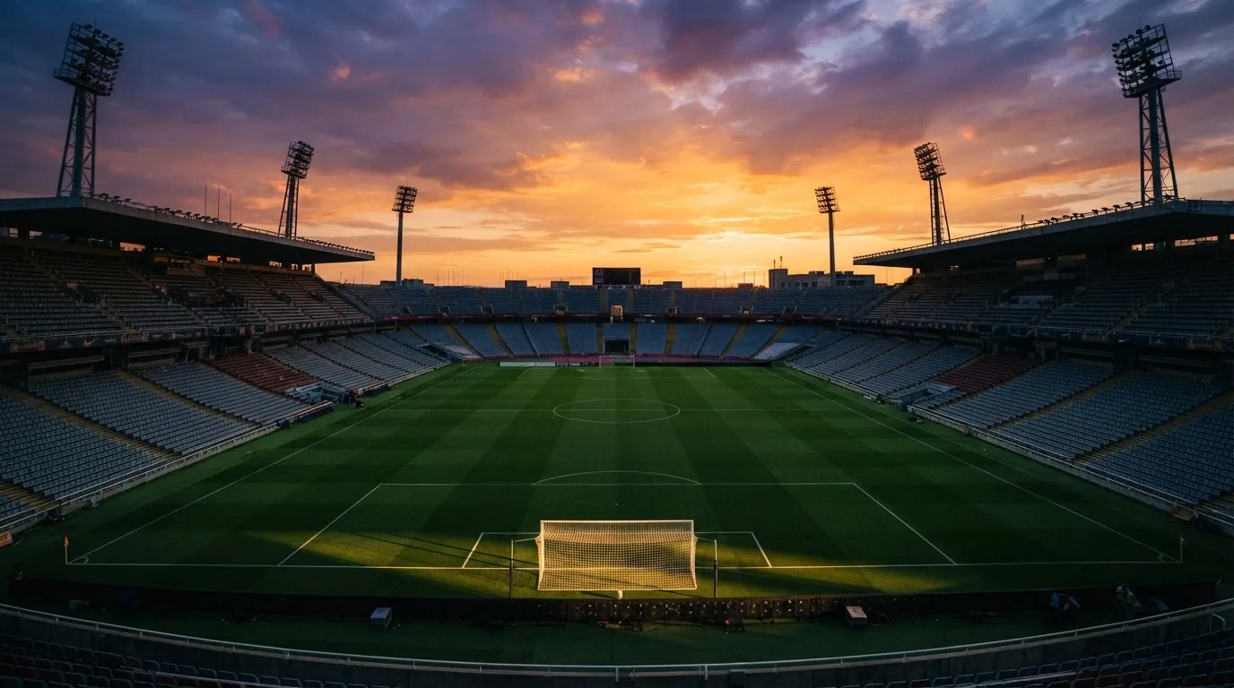 Un estadio de fútbol vacío con torres de iluminación al atardecer