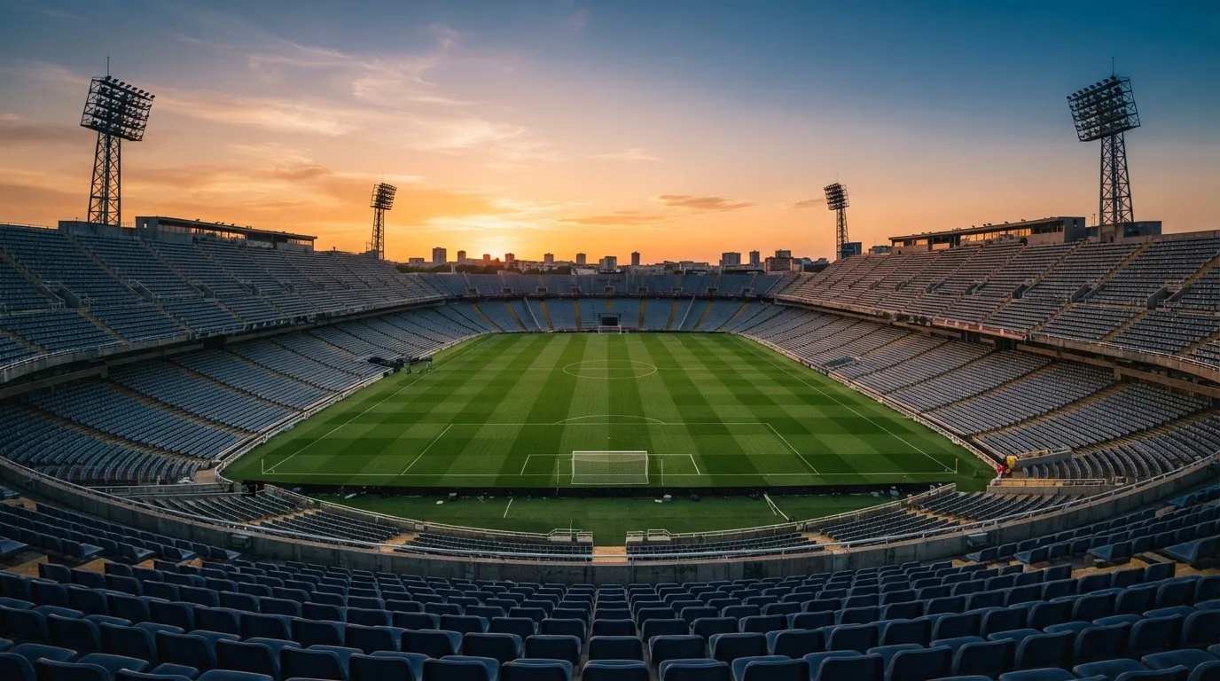 Un estadio de fútbol vacío con torres de iluminación al atardecer