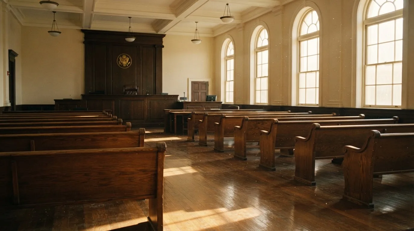 Una sala de tribunal vacía con bancos de madera a la luz de la mañana
