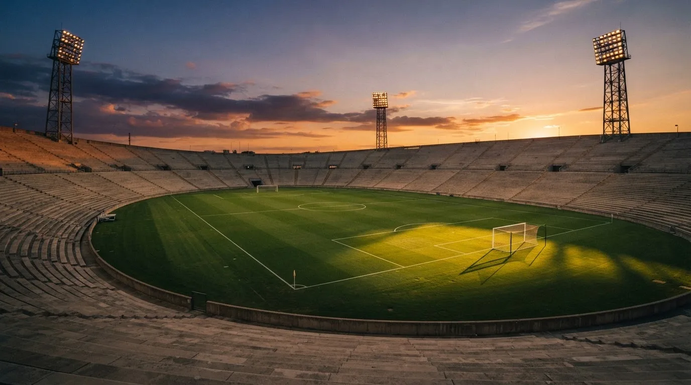 Un estadio de fútbol vacío con torres de iluminación al atardecer