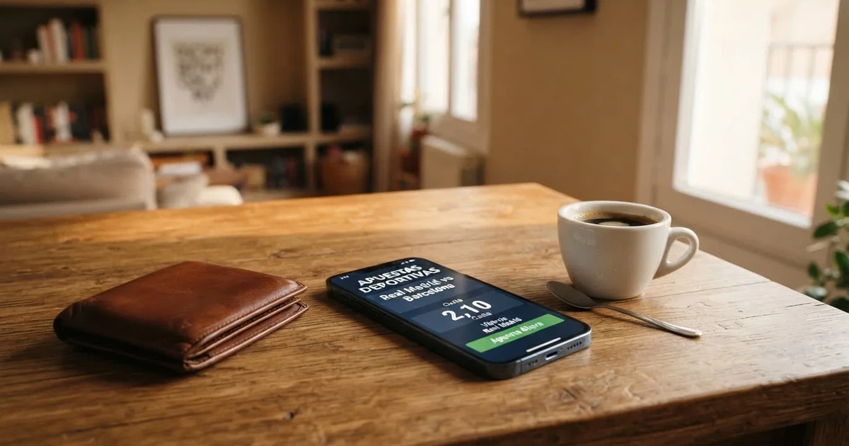 Un móvil sobre una mesa de madera junto a una cartera y una taza de café