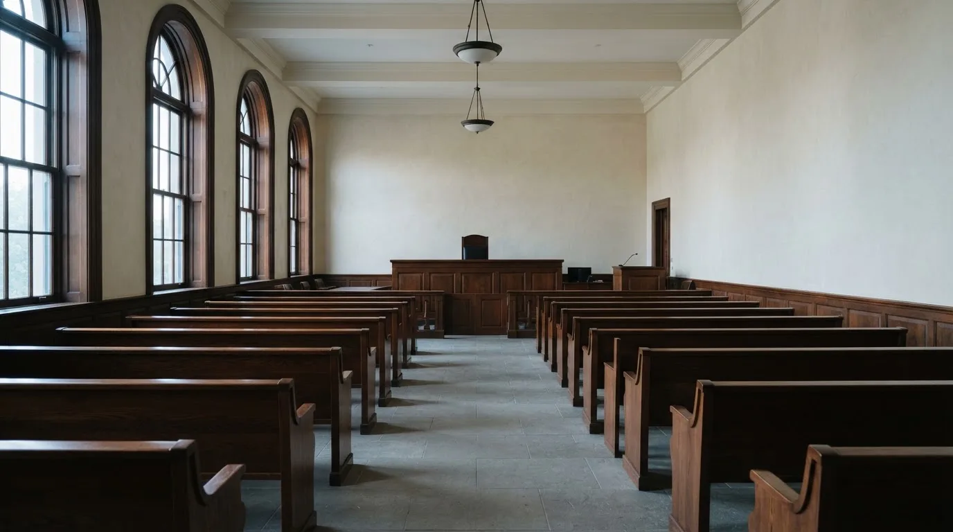 Una sala de tribunal vacía con bancos de madera a la luz de la mañana