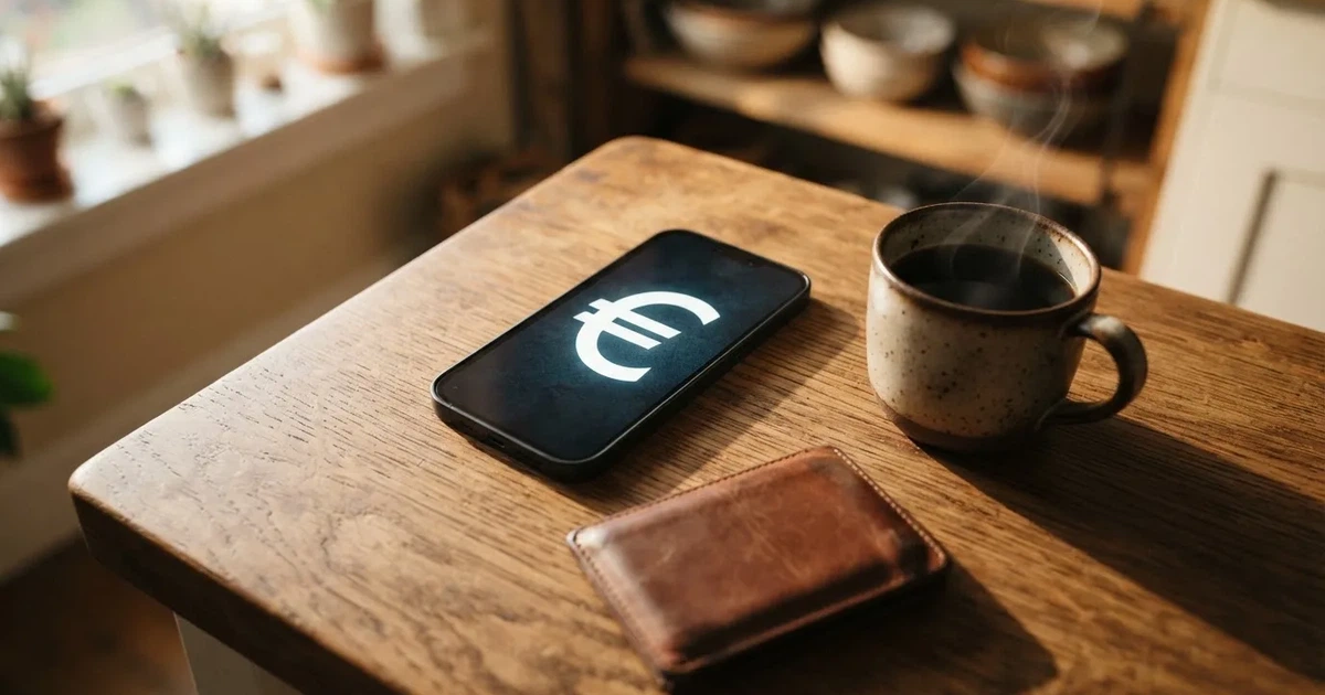 Un móvil sobre una mesa de madera junto a una cartera y una taza de café