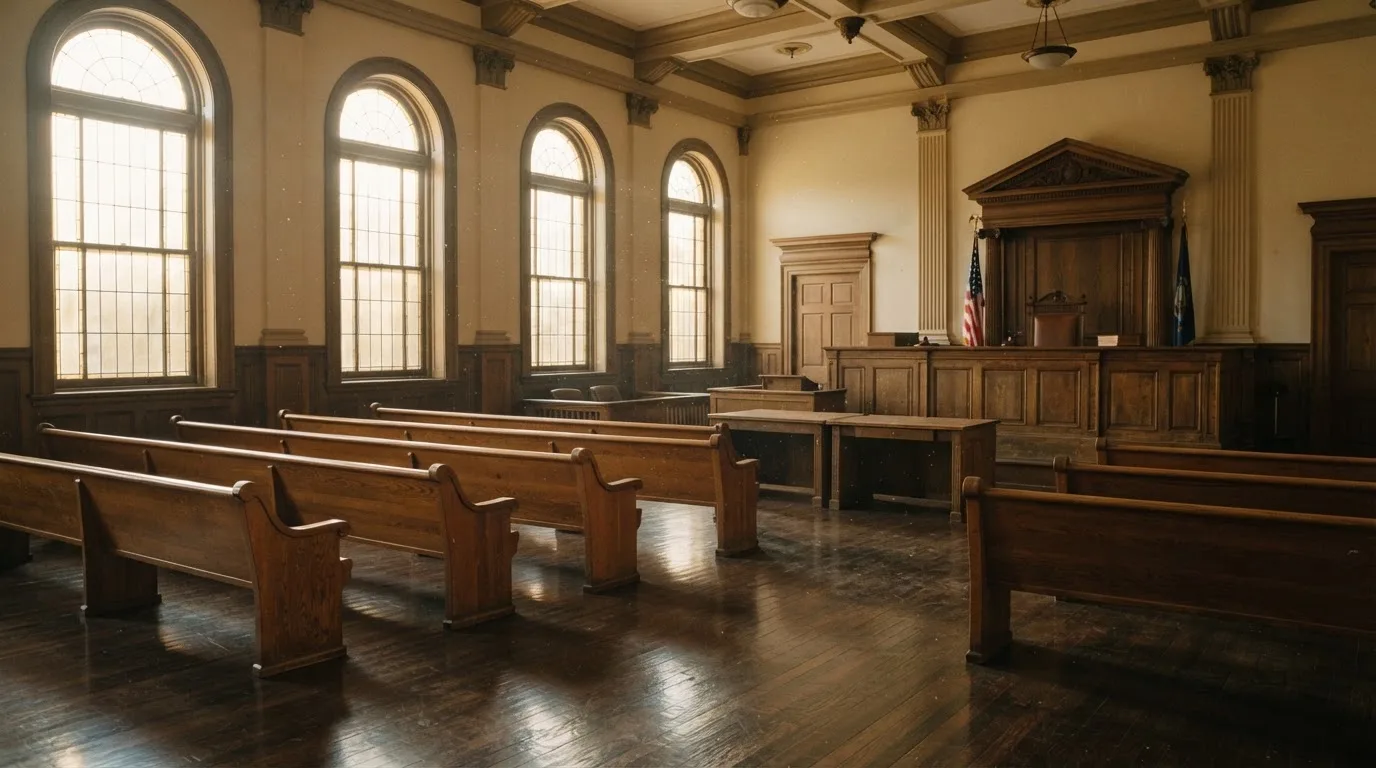 Una sala de tribunal vacía con bancos de madera a la luz de la mañana