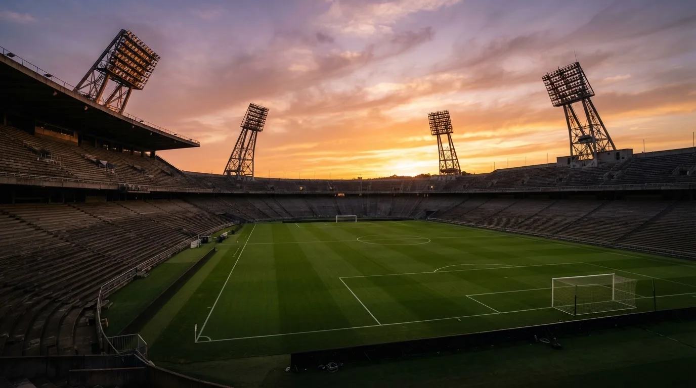 Un estadio de fútbol vacío con torres de iluminación al atardecer