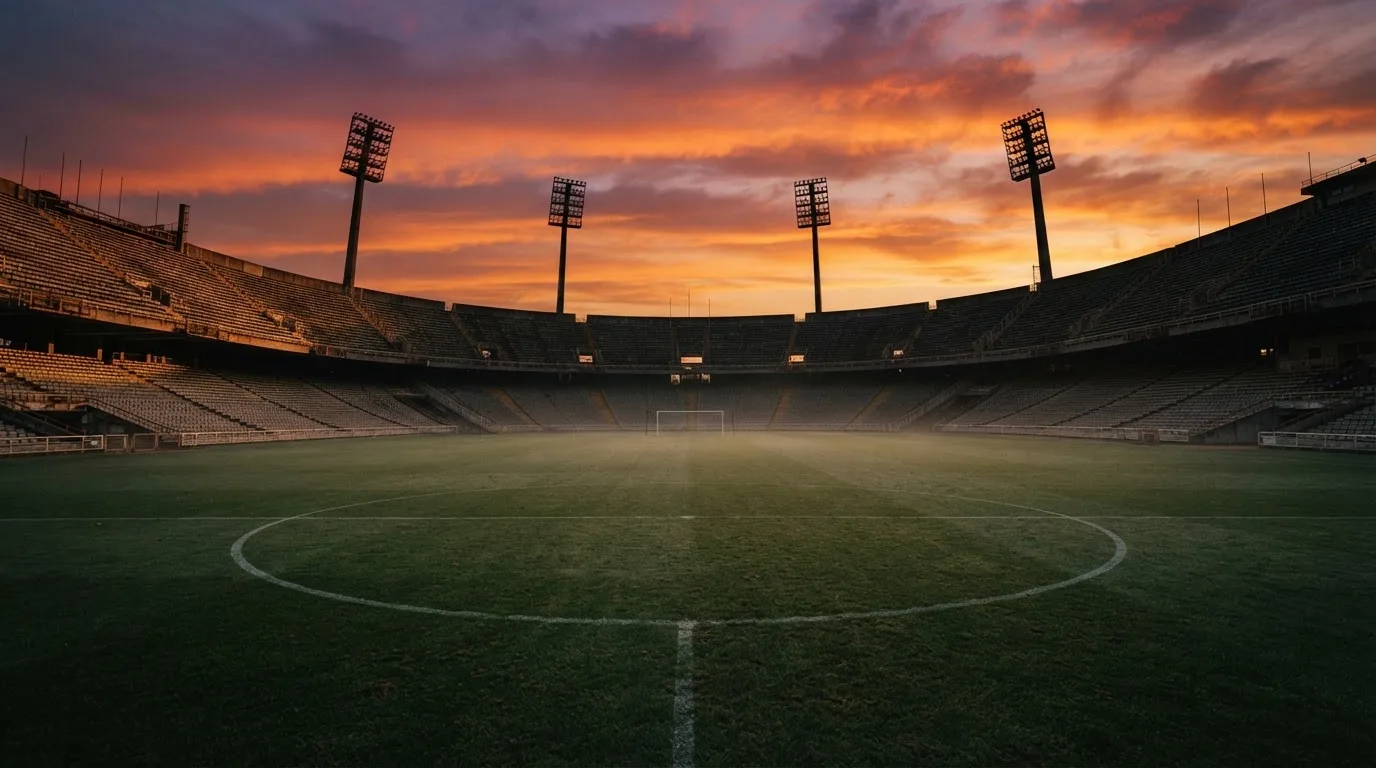 Un estadio de fútbol vacío con torres de iluminación al atardecer