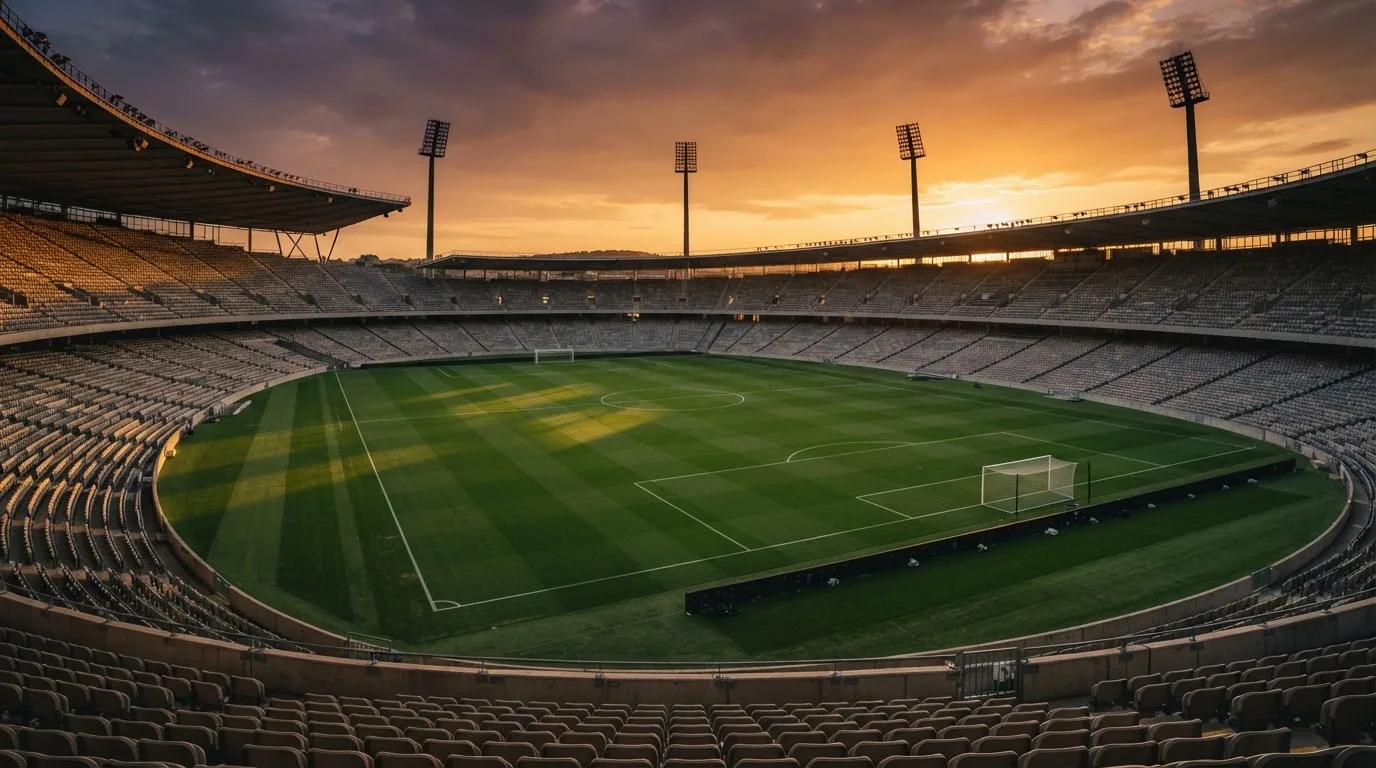 Un estadio de fútbol vacío con torres de iluminación al atardecer