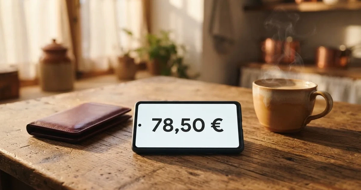 Un móvil sobre una mesa de madera junto a una cartera y una taza de café
