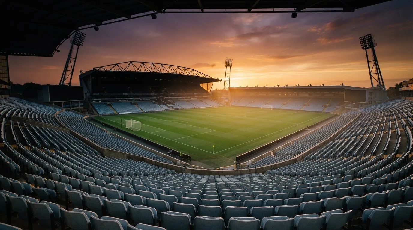 Un estadio de fútbol vacío con torres de iluminación al atardecer