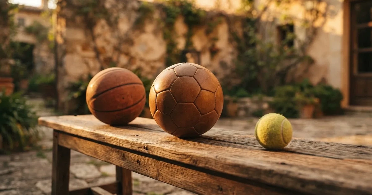 Tres balones de distintos tipos, uno junto a otro, sobre un banco de madera