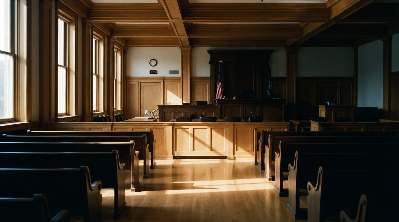 Una sala de tribunal vacía con bancos de madera a la luz de la mañana