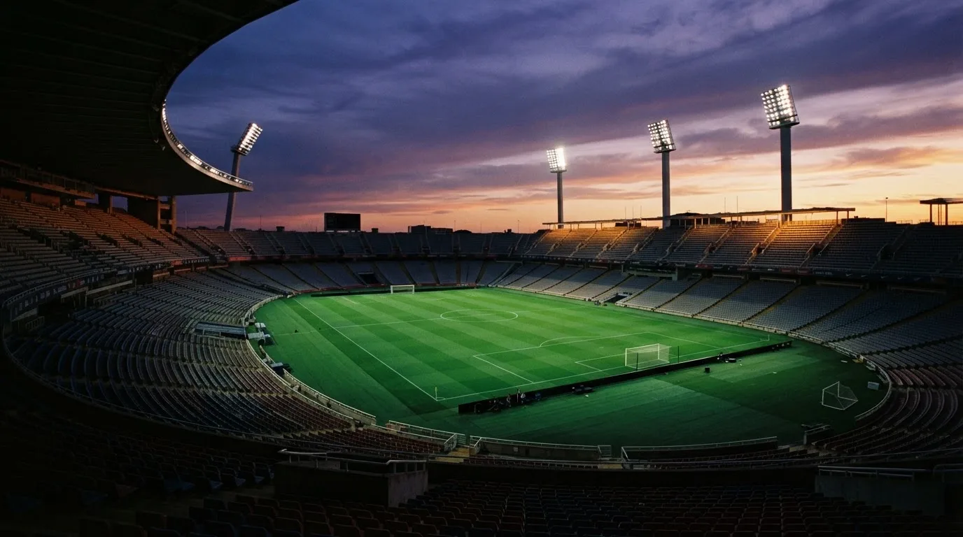 Un estadio de fútbol vacío con torres de iluminación al atardecer