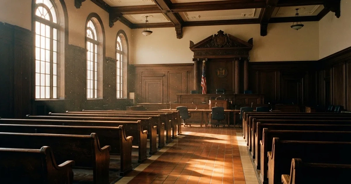 Una sala de tribunal vacía con bancos de madera a la luz de la mañana